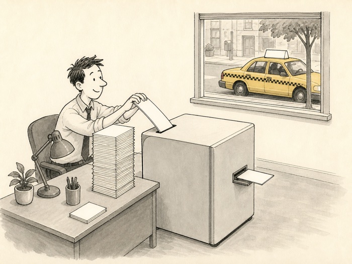 Cartoon: an engineer at his desk feeds a tall stack of taxi trip sheets into a plain refrigerator-sized machine; on its far side, a single small card slides out. Through the window, a checkered yellow cab waits at the curb.